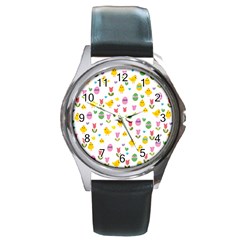 Easter - Chick And Tulips Round Metal Watch by Valentinaart