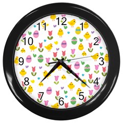 Easter - Chick And Tulips Wall Clocks (black) by Valentinaart