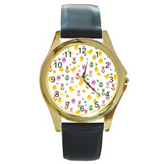 Easter - Chick And Tulips Round Gold Metal Watch by Valentinaart