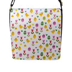 Easter - Chick And Tulips Flap Messenger Bag (l)  by Valentinaart