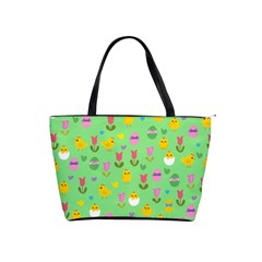 Easter - Chick And Tulips Shoulder Handbags by Valentinaart