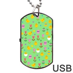 Easter - Chick And Tulips Dog Tag Usb Flash (one Side) by Valentinaart