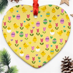 Easter - Chick And Tulips Ornament (heart) by Valentinaart