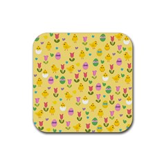 Easter - Chick And Tulips Rubber Coaster (square)  by Valentinaart