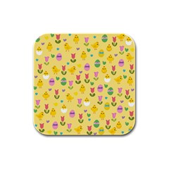 Easter - Chick And Tulips Rubber Square Coaster (4 Pack)  by Valentinaart