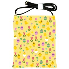 Easter - Chick And Tulips Shoulder Sling Bags by Valentinaart