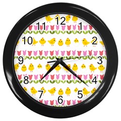 Easter - Chick And Tulips Wall Clocks (black) by Valentinaart