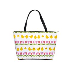 Easter - Chick And Tulips Shoulder Handbags by Valentinaart