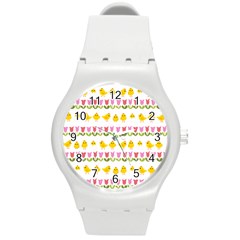 Easter - Chick And Tulips Round Plastic Sport Watch (m) by Valentinaart