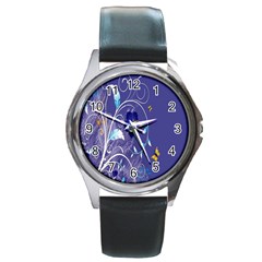 Flowers Butterflies Patterns Lines Purple Round Metal Watch