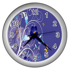 Flowers Butterflies Patterns Lines Purple Wall Clocks (silver)  by Mariart