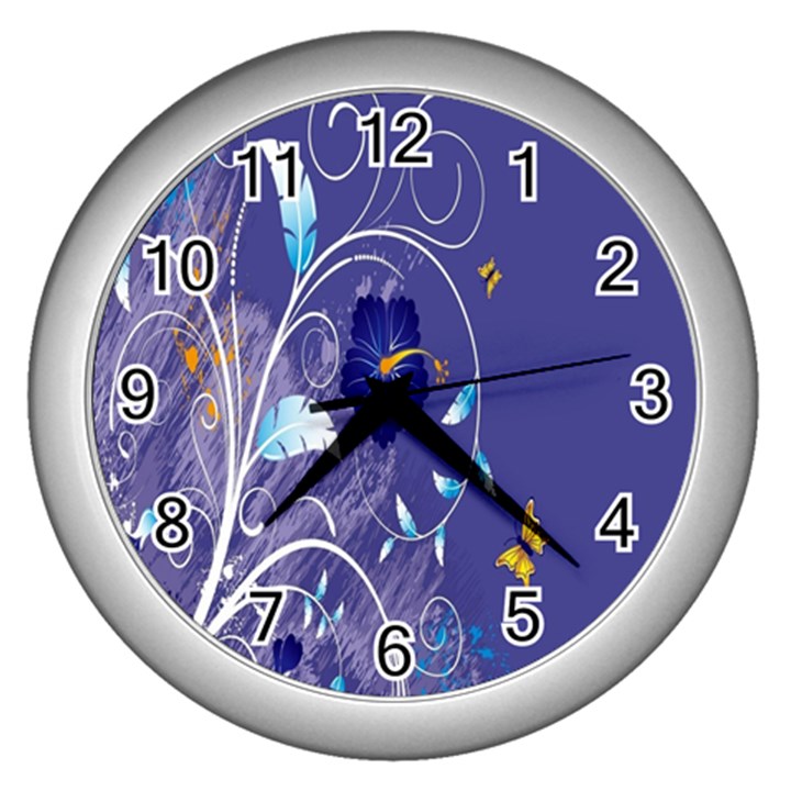 Flowers Butterflies Patterns Lines Purple Wall Clocks (Silver) 