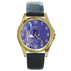 Flowers Butterflies Patterns Lines Purple Round Gold Metal Watch