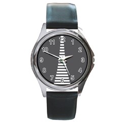 Minimalist Stairs White Grey Round Metal Watch by Mariart