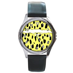 Leopard Polka Dot Yellow Black Round Metal Watch by Mariart