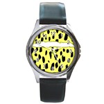 Leopard Polka Dot Yellow Black Round Metal Watch Front