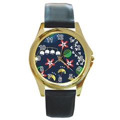 Origami Flower Floral Star Leaf Round Gold Metal Watch by Mariart