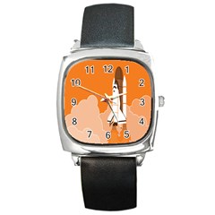 Rocket Space Ship Orange Square Metal Watch by Mariart