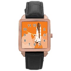 Rocket Space Ship Orange Rose Gold Leather Watch  by Mariart