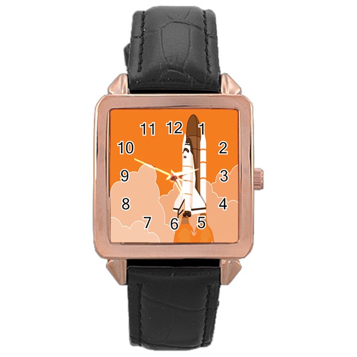 Rocket Space Ship Orange Rose Gold Leather Watch 