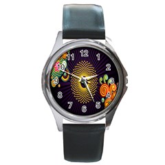 Polka Dot Circle Leaf Flower Floral Yellow Purple Red Star Round Metal Watch