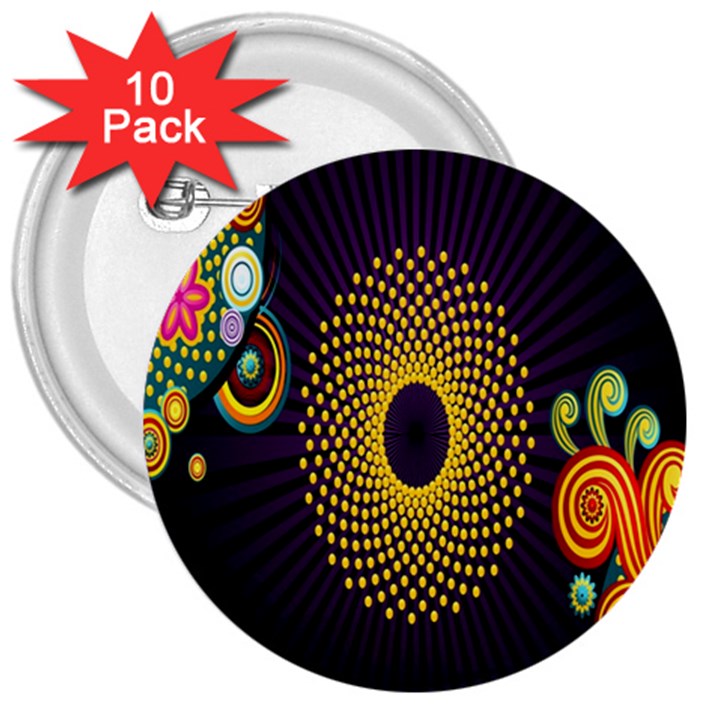 Polka Dot Circle Leaf Flower Floral Yellow Purple Red Star 3  Buttons (10 pack) 