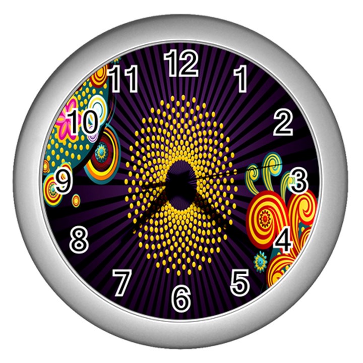 Polka Dot Circle Leaf Flower Floral Yellow Purple Red Star Wall Clocks (Silver) 