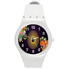 Polka Dot Circle Leaf Flower Floral Yellow Purple Red Star Round Plastic Sport Watch (M)