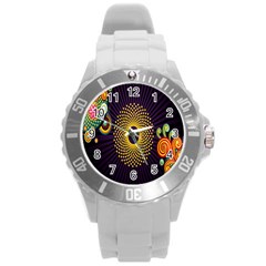 Polka Dot Circle Leaf Flower Floral Yellow Purple Red Star Round Plastic Sport Watch (l) by Mariart