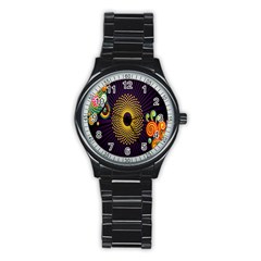 Polka Dot Circle Leaf Flower Floral Yellow Purple Red Star Stainless Steel Round Watch