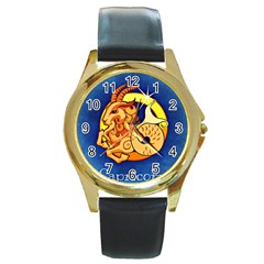 Zodiac Capricorn Round Gold Metal Watch