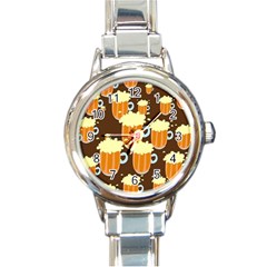 A Fun Cartoon Frothy Beer Tiling Pattern Round Italian Charm Watch by Nexatart