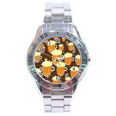 A Fun Cartoon Frothy Beer Tiling Pattern Stainless Steel Analogue Watch by Nexatart