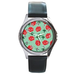 Red Floral Roses Pattern Wallpaper Background Seamless Illustration Round Metal Watch by Nexatart