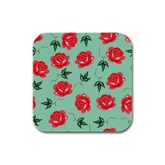 Red Floral Roses Pattern Wallpaper Background Seamless Illustration Rubber Square Coaster (4 Pack)  by Nexatart