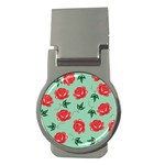 Red Floral Roses Pattern Wallpaper Background Seamless Illustration Money Clips (Round)  Front