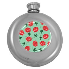 Red Floral Roses Pattern Wallpaper Background Seamless Illustration Round Hip Flask (5 Oz) by Nexatart