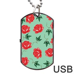 Red Floral Roses Pattern Wallpaper Background Seamless Illustration Dog Tag Usb Flash (two Sides) by Nexatart