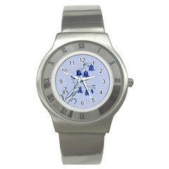 Floral Blue Bluebell Flowers Watercolor Painting Stainless Steel Watch by Nexatart