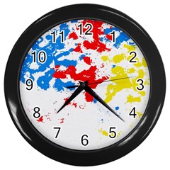 Paint Splatter Digitally Created Blue Red And Yellow Splattering Of Paint On A White Background Wall Clocks (black) by Nexatart