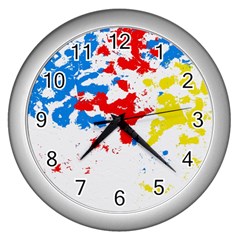 Paint Splatter Digitally Created Blue Red And Yellow Splattering Of Paint On A White Background Wall Clocks (silver)  by Nexatart