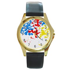 Paint Splatter Digitally Created Blue Red And Yellow Splattering Of Paint On A White Background Round Gold Metal Watch by Nexatart