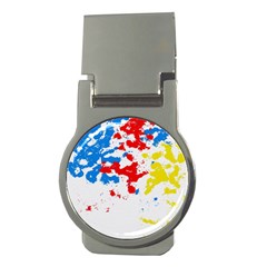 Paint Splatter Digitally Created Blue Red And Yellow Splattering Of Paint On A White Background Money Clips (round)  by Nexatart