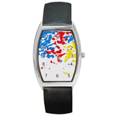 Paint Splatter Digitally Created Blue Red And Yellow Splattering Of Paint On A White Background Barrel Style Metal Watch by Nexatart