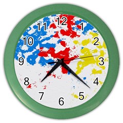 Paint Splatter Digitally Created Blue Red And Yellow Splattering Of Paint On A White Background Color Wall Clocks by Nexatart