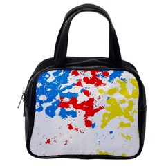 Paint Splatter Digitally Created Blue Red And Yellow Splattering Of Paint On A White Background Classic Handbags (one Side) by Nexatart