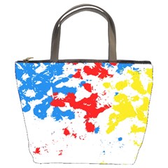 Paint Splatter Digitally Created Blue Red And Yellow Splattering Of Paint On A White Background Bucket Bags by Nexatart