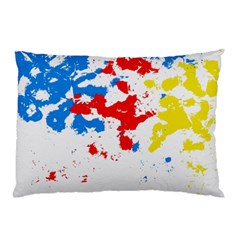 Paint Splatter Digitally Created Blue Red And Yellow Splattering Of Paint On A White Background Pillow Case by Nexatart