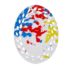 Paint Splatter Digitally Created Blue Red And Yellow Splattering Of Paint On A White Background Oval Filigree Ornament (two Sides) by Nexatart