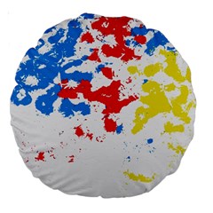 Paint Splatter Digitally Created Blue Red And Yellow Splattering Of Paint On A White Background Large 18  Premium Round Cushions by Nexatart